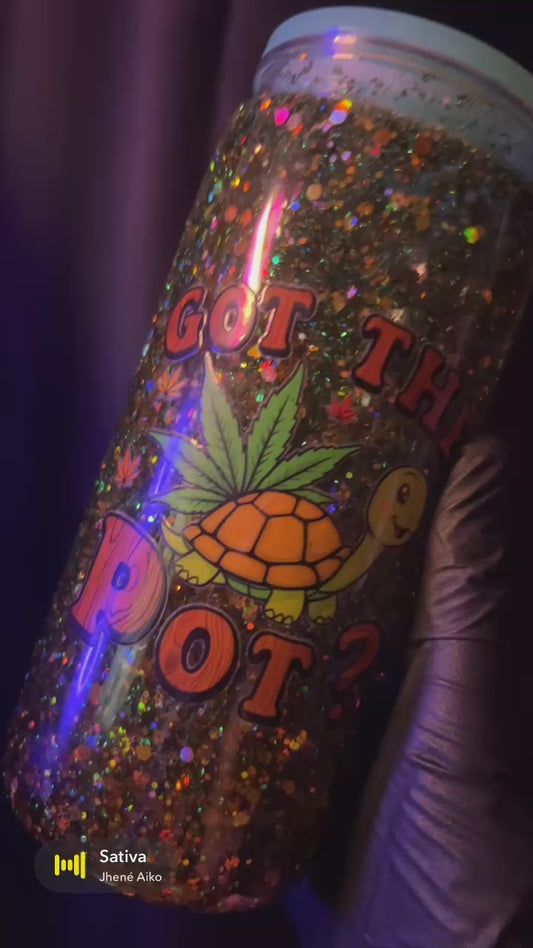 handmade green and gold “got the pot” turtle tumbler 🐢